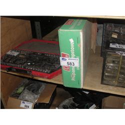 SHELF LOT OF ASSORTED TOOLS; COLEMAN STOVE, PRO SERIES SOCKET SET AND 2 PARTS ORGANIZER TRAYS