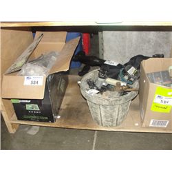 SHELF LOT OF ASSORTED TOOLS HARDWARE AND MISC ITEMS