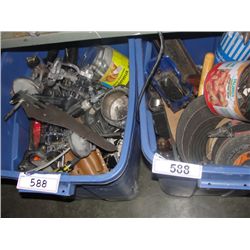 2 BLUE BINS FILLED WITH ASSORTED TOOLS HARDWARE AND MISC