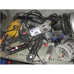 SHELF LOT OF ASSORTED AIR TOOLS, POWER TOOLS, SAWS, SANDERS, STAPLE GUNS, ETC