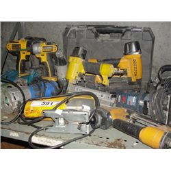 SHELF LOT OF ASSORTED POWER TOOLS; DEWALT DRILLS, ROUTERS, AIR STAPLERS, ETC