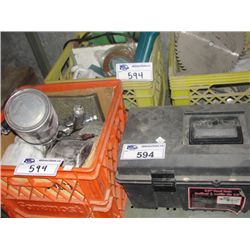 SHELF LOT OF ASSORTED TOOLS HARDWARE AND MISC