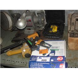 SHELF LOT OF ASSORTED TOOLS; BENCH GRINDER, NAIL GUNS, PIPE VICE, ETC