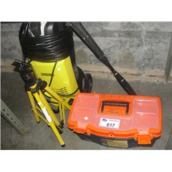 KARCHER ELECTRIC PRESSURE WASHER, TRIPOD AND ORANGE AND BLACK TOOLBOX WITH CONTENTS