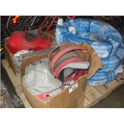 SHELF LOT OF HAZARDOUS MATERIAL SUITS AND WHITE HOSE LINES