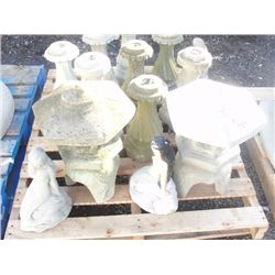 PALLET LOT OF CONCRETE DECORATIVE GARDEN  ORNAMENTS; PAGODAS ETC - 13PCS