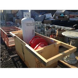 WOODEN ROLLING SHOP STORAGE BOX WITH CONTENTS; LARGE PROPANE TANK AND 5 RED JERRY CANS