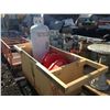 Image 1 : WOODEN ROLLING SHOP STORAGE BOX WITH CONTENTS; LARGE PROPANE TANK AND 5 RED JERRY CANS
