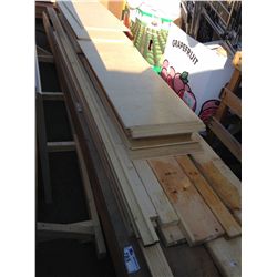 LONG WOODEN SHOP PLATFORM DOLLY LOADED WITH ASSORTED CABINET SHOP WOOD PIECES