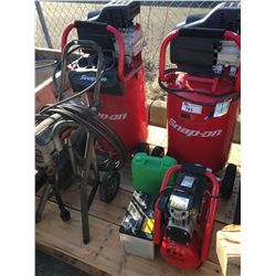 PALLET LOT WITH 3 SNAP ON AIR COMPRESSORS, WAGNER TWIN STROKE PAINT SPRAYER, KAWASAKI CORDLESS