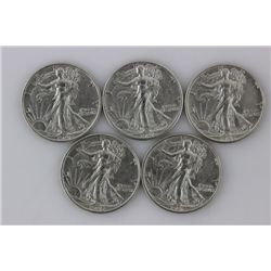 Lot of Five Walking Liberty Silver Half Dollars