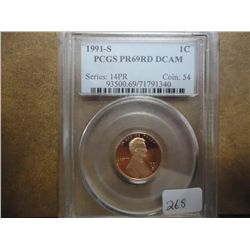 1991-S LINCOLN CENT PCGS PR69 RD DCAM