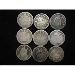 9 ASSORTED 1850'S SEATED LIBERTY DIMES