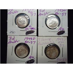 1943-D,43-D,43-D & 43-S AUSTRALIA SILVER 3 PENCE