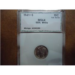 1941-S MERCURY DIME PCI MS64 100% WHITE