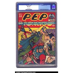 Pep #33 (MLJ, 1942) CGC FN+ 6.5 Off-white pages. Quintessential Archie artist Bob Montana's cover...