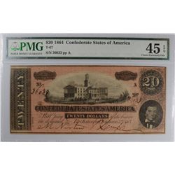 1864 $20 CONFEDERATE STATES OF AMERICA PMG 45 EPQ