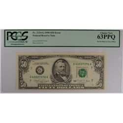 1990 $50 FEDERAL RESERVE NOTE PCGS 63 PPQ (MINT ERROR-PARTIAL BACK TO FACE OFFSE