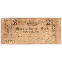 1863 $2 Manufacturers Bank Macon, GA