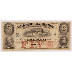 1857 $5 Western Exchange Omaha City, NE  CU