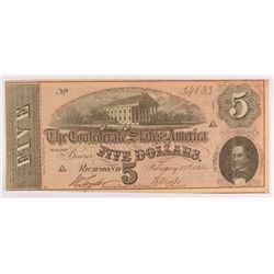 1864 $5 Confederate States of American Note AU