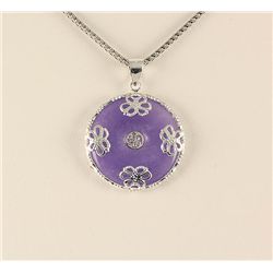 Genuine 25.00ctw Purple Jade Silver Round Pendant