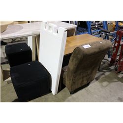 BROWN MICROFIBRE CHAIR, BLACK OTTOMAN, DESK & SANDWICH BOARD
