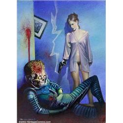 John Bolton - Original Painting for Mars Attacks Archives Card Set, "Woman Blasts Martian" (Topps...