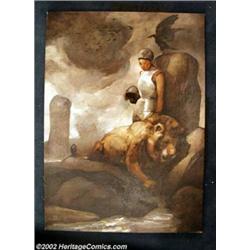 Jeff Jones - Original Oil Painting, "St. Joan and the Lion" (undated ). A truly evocative work, t...