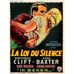 I Confess (Warner Brothers, 1953). Belgian (14" X 19"). Alfred Hitchcock looks into the conflict...