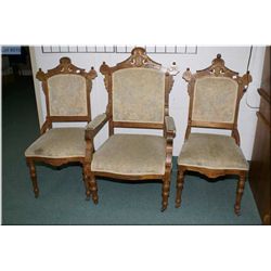Two antique side chairs and one carver, all with matching upholstered seat and backs