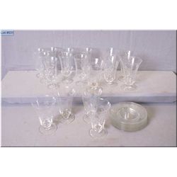 A selection of etched glassware including eight large and eight small parfait glasses with eight und