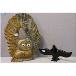 A carved soapstone owl figure signed by artist Totan 17  in height and a cast bird
