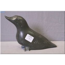 Inuit soapstone carving of a duck signed by artist Silatek Meeko