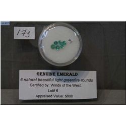 Six round natural emerald gemstones. Appraised value $800.00