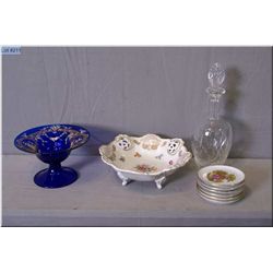A selection of collectibles including hand enamelled cobalt glass comport, a footed German pierced b