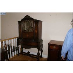 Mid 20th century single door china cabinet with inlaid fruit comport motif panels, heavy stretcher a