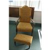 Image 1 : A vintage upholstered armchair with barley twist supports and matching ottoman