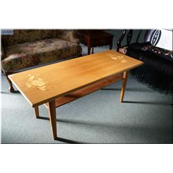 Inlaid marquetry teak coffee table with under shelf