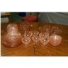 Image 1 : A selection of pink Depression glass style glassware including lemonade set with pitcher and five gl