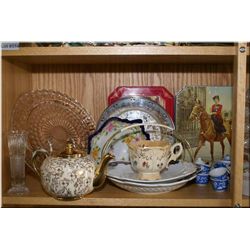 A selection of collectibles including tins, teapot, four demi-tasse cups and saucers, glass serving 