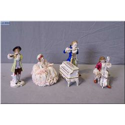 Four German Dresden figurines including piano and flute player, cello player, etc.