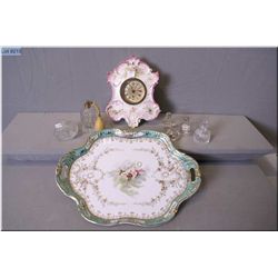 Porcelain vanity tray and a porcelain wall clock nd a selection of vintage perfumes