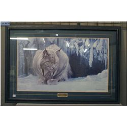 Two large framed prints including  Dozing Lynx  by Robert Bateman and  Autumn Leaves  by Diane Roman