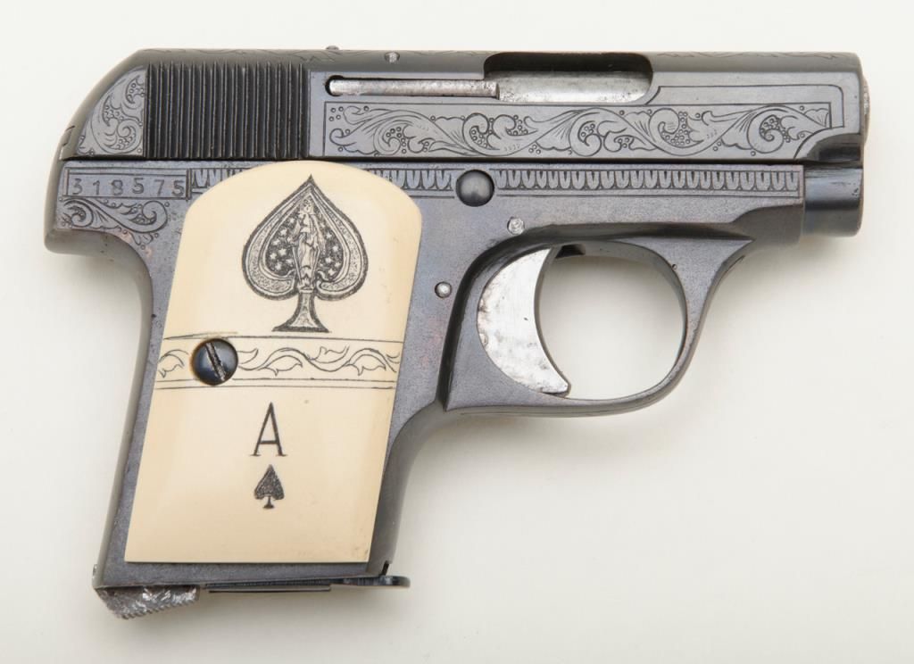 French Unique pocket semiauto pistol, engraved, 6.35mm cal., 2” barrel