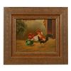Image 1 : Vintage oil on canvas of rooster and hens circa about turn of the century. Framed by Omars Newport B