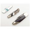 Lot of 3 pocket knives: 1 Fallon Italy with Damascus blade, 1 stainless steel with pearl and turquoi