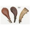 Lot of 3 powder flasks: 2 leather, 1 horn. Est.: $125-$200.