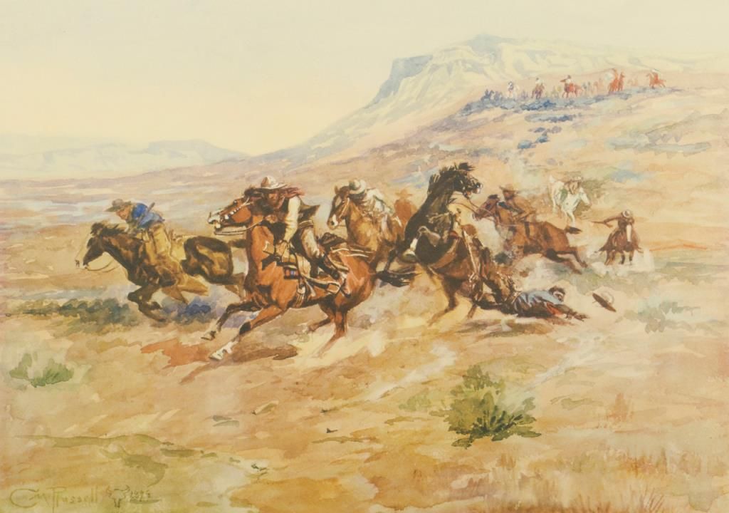 Lot of 3 framed color Charlie Russell prints depicting Western Cowboy