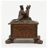 Image 4 : Small black forest style antique carved wooden box with game birds; old damage to front lid edge. Es